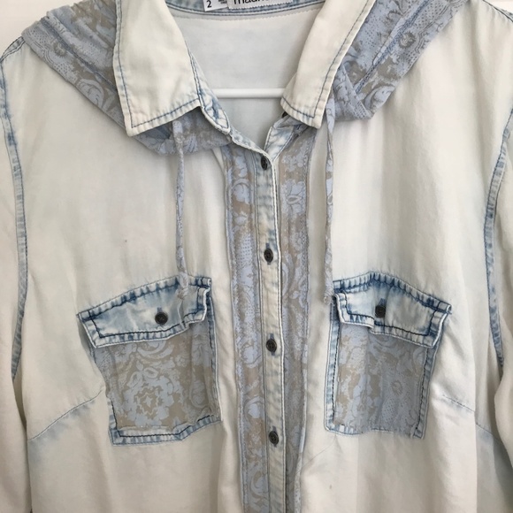 Upcycled Maurices Rodeo Boho Dip-Dye Grunge Knit Hoodie Denim Shirt Size 2 - Picture 3 of 8